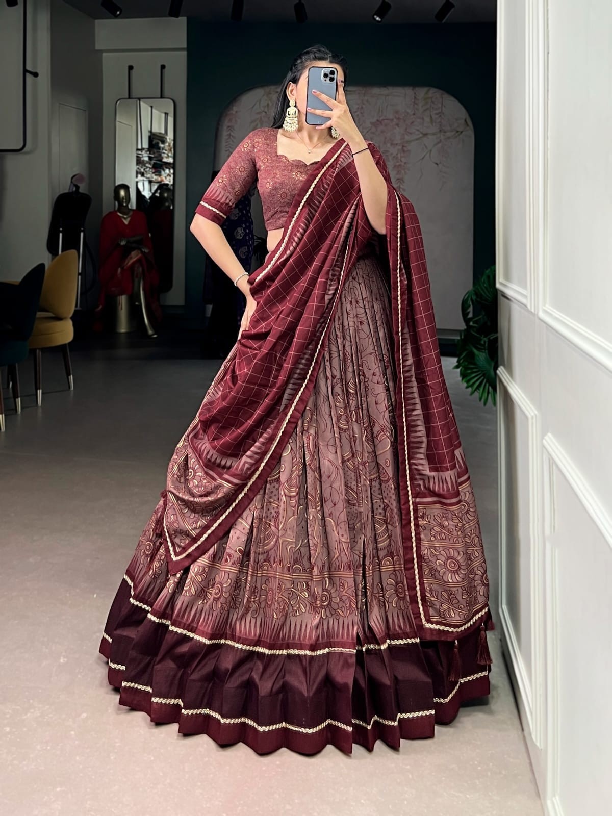 Tasar Silk Kalamkari Printed Lehenga with Lace Border & Tassel Dupatta